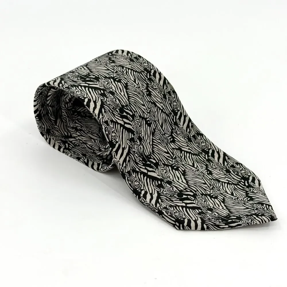 Vintage 90s WWF Black White 100% Silk Zebra Print Necktie Design No. 113